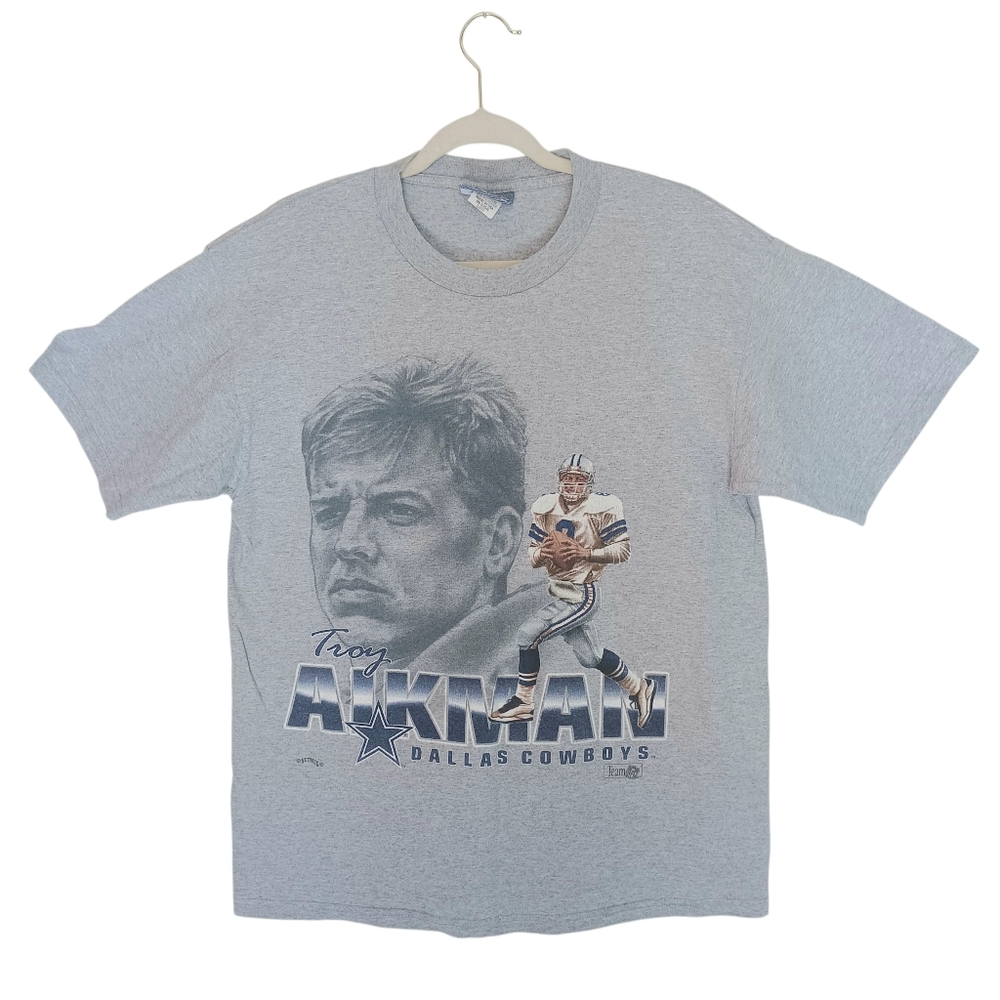 Vintage NFL Lee Dallas‎ Cowboys Troy Aikman Graphic T-Shirt Size L Gray & Blue